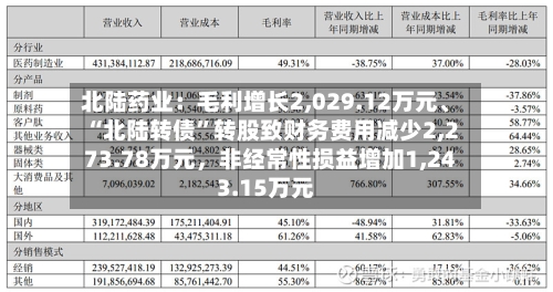 北陆药业：毛利增长2,029.12万元	、“北陆转债”转股致财务费用减少2,273.78万元，非经常性损益增加1,243.15万元-第2张图片
