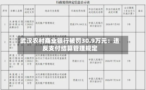 武汉农村商业银行被罚30.9万元：违反支付结算管理规定